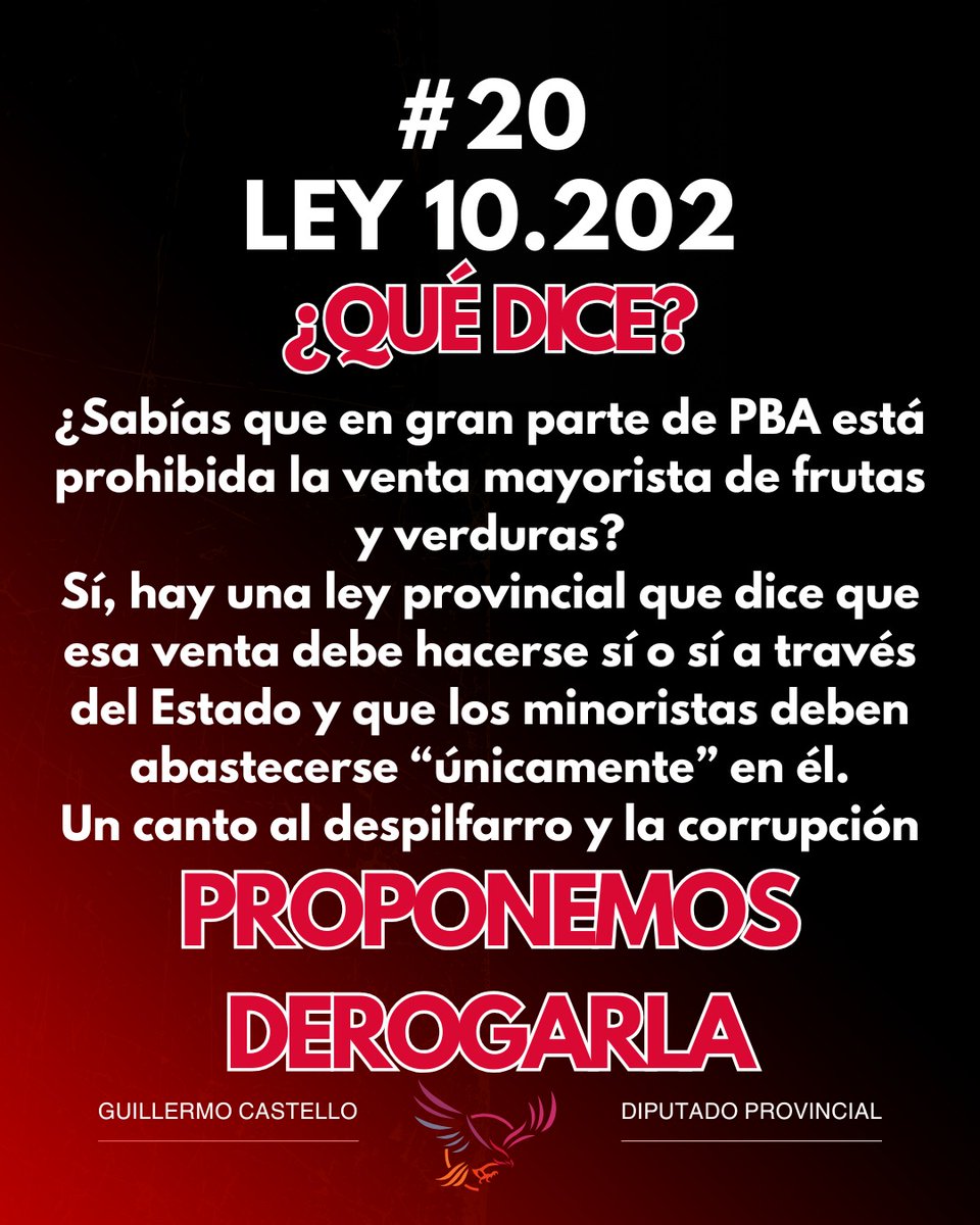 grcastello's tweet image. Sabías que en gran parte de PBA está prohibida la venta mayorista de frutas y verduras?
Sí escuchaste bien
Hay una ley que dice que esa venta debe hacerse sí o sí a través del Estado y que los minoristas deben abastecerse “únicamente” en él
Un canto al despilfarro y la corrupción