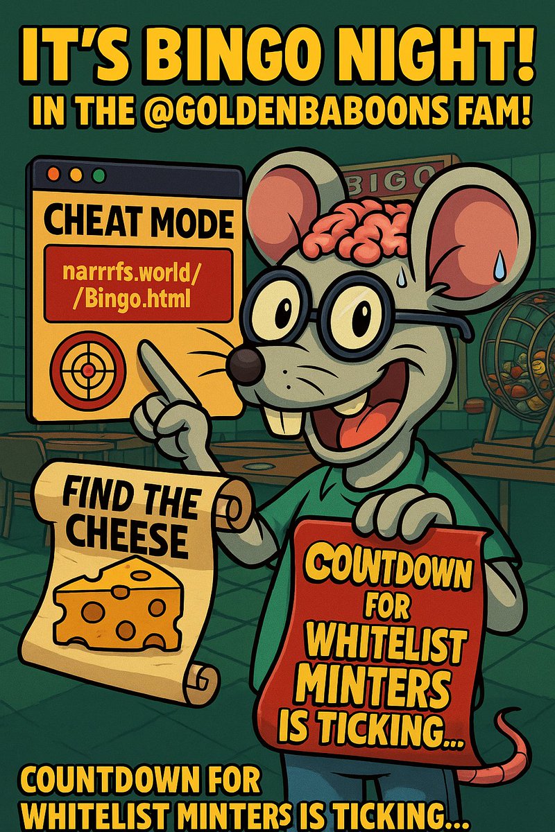 narrrf12345's tweet image. 🧀 It’s Bingo Night in the @GoldenBaboons fam!
🎯 Cheat Mode Portal: narrrfs.world/Bingo.html
🧠 Join the scroll chaos LIVE → x.com/i/spaces/1YqKD…
💡 No wallet needed. Save your scrolls. Find the cheese
🍕 Trait syncs, prophecy triggers, and DSPOINC-fueled glory await
⏳…