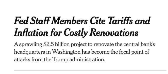 BookofNick's tweet image. The Federal Reserve building is undergoing renovations and cites &quot;inflation&quot; as one of the reasons for the cost increase. 🤡

Notice how the NYT here frames it, blaming tariffs for inflation, and not the literal $4 trillion added to the economy since 2020. 💸