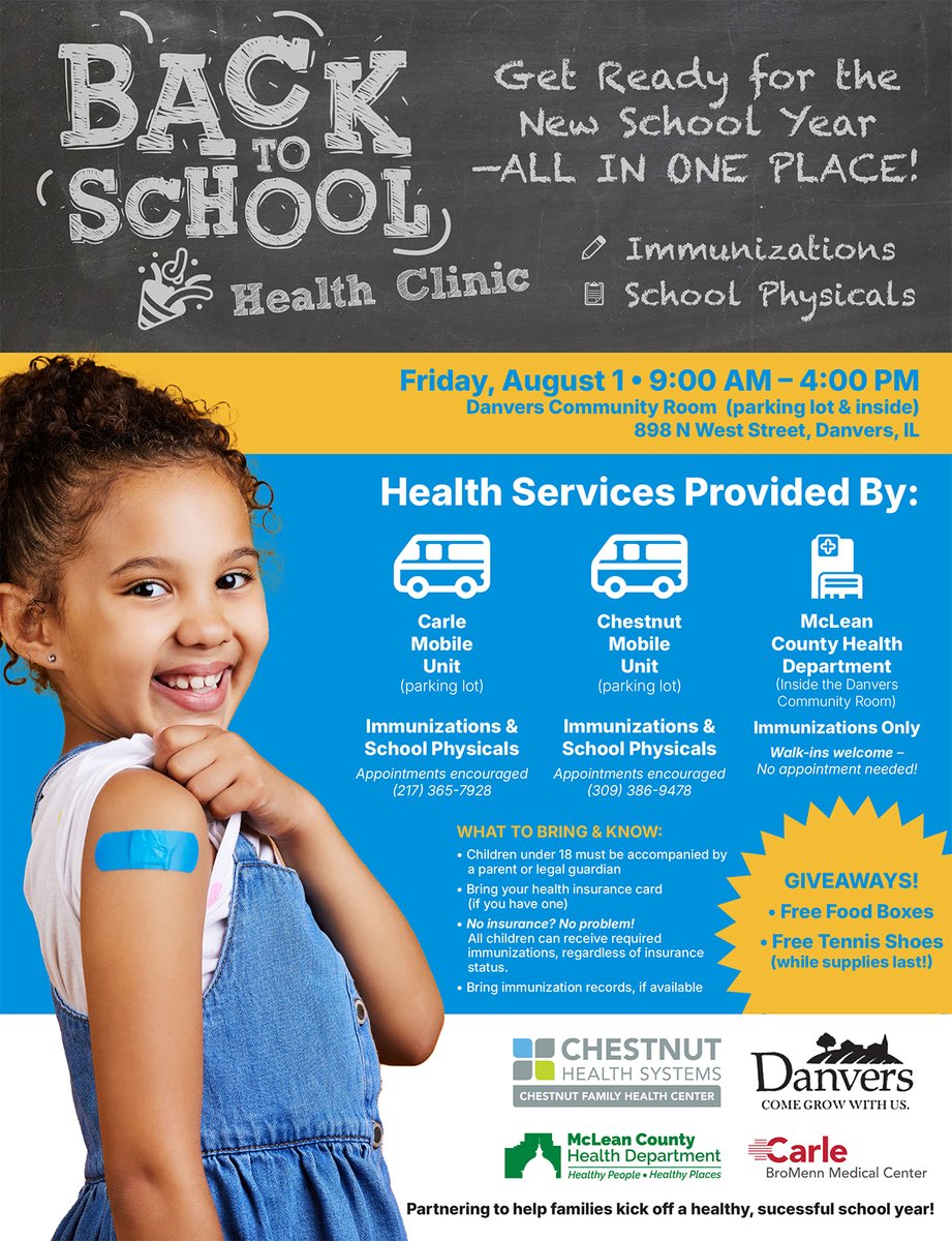 Back to School Health Clinics – Get Ready for the New School Year!
July 30 - Western Avenue Community Center
August 1 - Danvers Community Room
Join us for school physicals and immunizations!
Don’t wait—make sure your child is ready for the school year!
See flyers for details