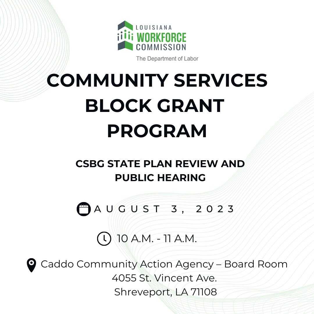 LouisianaWorks's tweet image. 📌 We invite you to attend the Community Services Block Grant public hearing on August 3 from 10 AM - 11 AM. For those who cannot participate in person, please join us via Zoom: bit.ly/4lcOKOn. #LAWorks #LouisianaWorks