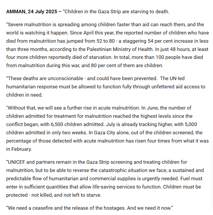 Noticias ONU (@noticiasonu) on Twitter photo 🔴"Los niños de la Franja de Gaza mueren de hambre.
La desnutrición grave se está extendiendo entre los niños más rápido de lo que la ayuda puede llegar a ellos, y el mundo se queda mirando cómo sucede"
"Estas muertes son inconcebibles y podrían haberse evitado"
<a href="/UNICEFmena/">UNICEF MENA - يونيسف الشرق الأوسط وشمال إفريقيا</a> 🔴"Los niños de la Franja de Gaza mueren de hambre.
La desnutrición grave se está extendiendo entre los niños más rápido de lo que la ayuda puede llegar a ellos, y el mundo se queda mirando cómo sucede"
"Estas muertes son inconcebibles y podrían haberse evitado"
<a href="/UNICEFmena/">UNICEF MENA - يونيسف الشرق الأوسط وشمال إفريقيا</a>