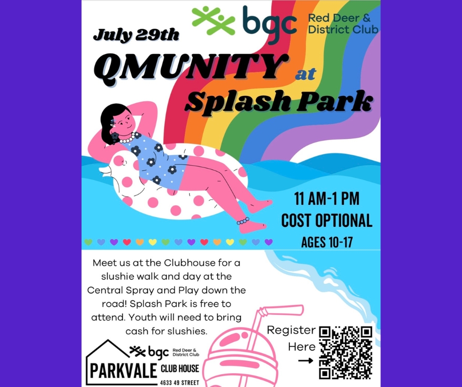 Are you ready for a splash of summer?

Join us July 29th from 11:00am - 1:00pm, Ages 10-17

Take in the beautiful weather with a cold slushy and a refreshing splash at the Central Spray &amp; Play!

Scan the QR code to register or click the following link,

youthhq.ca/programs/qmuni…