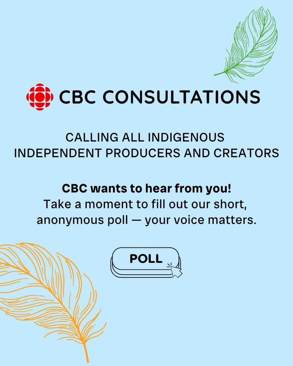 Documentary Organization of Canada (@docorg) on Twitter photo 📢 Indigenous Producers and Creators, CBC wants your input!
Fill out their anonymous poll or email lisa.clarkson@cbc.ca.
🔗 Access poll here: buff.ly/tNzsNQY
📅 Open until August 15
Questions? Contact audreanna.lartey@cbc.ca 📢 Indigenous Producers and Creators, CBC wants your input!
Fill out their anonymous poll or email lisa.clarkson@cbc.ca.
🔗 Access poll here: buff.ly/tNzsNQY
📅 Open until August 15
Questions? Contact audreanna.lartey@cbc.ca