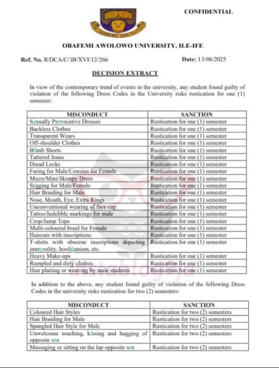 wemimospot's tweet image. Dreadlocks, extra earrings, tattoos, coloured hair, off shoulder clothes will now get you rusticated at Obafemi Awolowo University.
While it's important to maintain decorum within the school, these rules are terribly extremist.
I'm not proud, this time, to say that this is my…