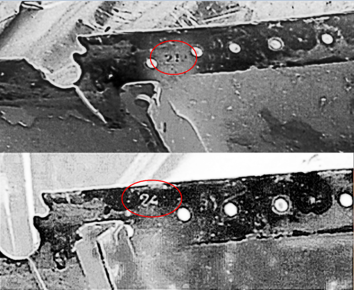 🔴Fragment skrzydła znaleziony w rejonie brzozy i teoretycznie ten sam fragment pokazany biegłym prokuratury, który mogli sobie pooglądać, zbadać i sfotografować. Szkopuł w tym, że nie jest to oryginał, ale piękna rosyjska kopia. Parę porównań no i szczegół. Cyfry się nie