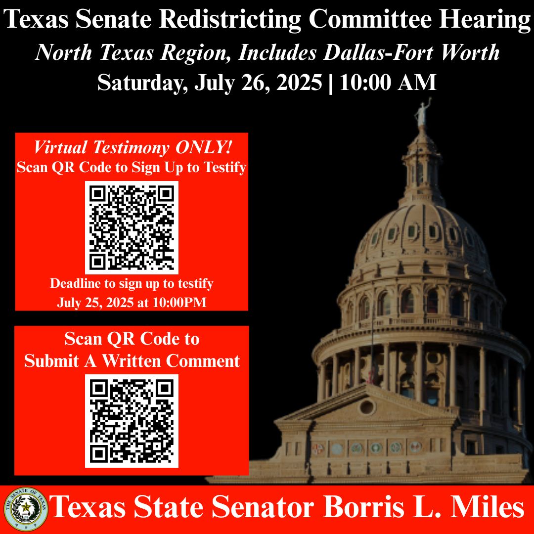 BorrisLMiles's tweet image. URGENT! The Texas Senate will be holding four regional hearings on congressional redistricting. The Harris County Meeting is scheduled for July 28 at 3PM.
Register to Testify Virtually zoom.us/meeting/regist…
Submit Written Comments senate.texas.gov/redistrictingc…
#txlege #hounews #SD13