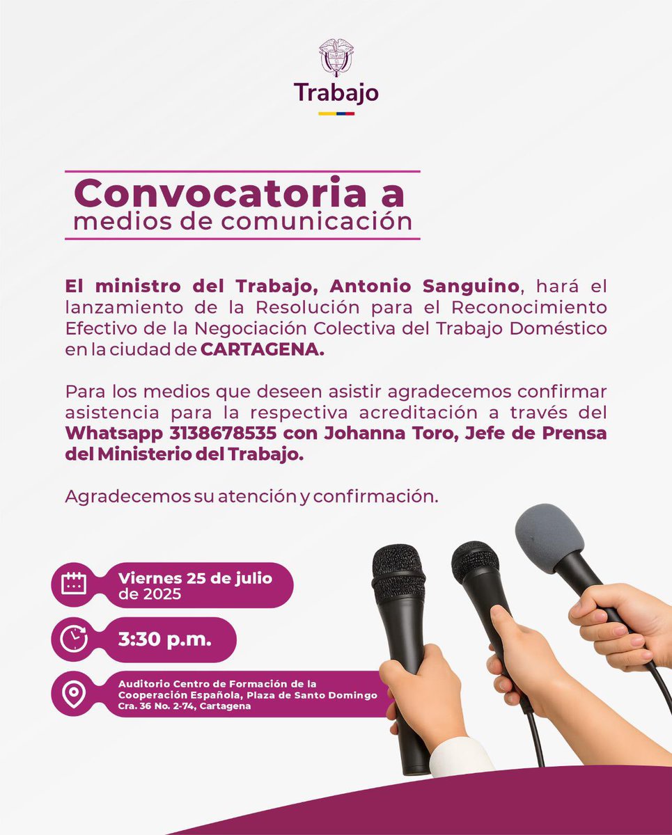 🎙️ Convocatoria a medios de comunicación. Mañana, 25 de julio, presentaremos en Cartagena la resolución sobre negociación colectiva en el trabajo doméstico.

🕞 3:30 p. m. 
📍 Centro de Formación de la Cooperación Española
📲 Confirmar asistencia al 3138678535
