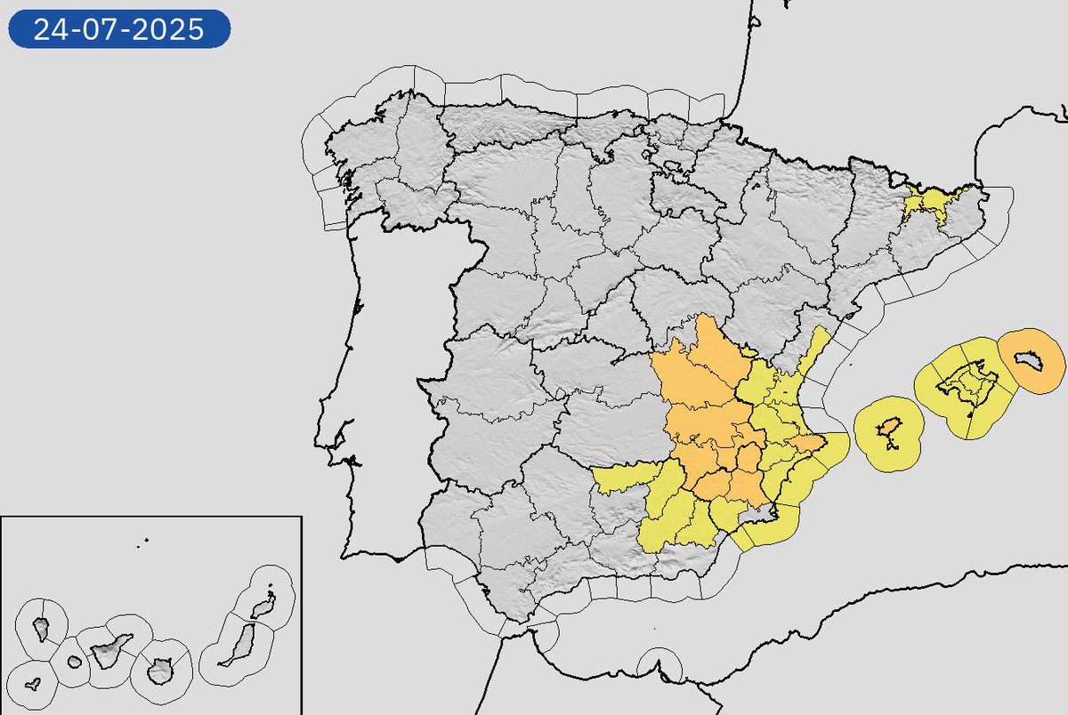 AEMET_Esp's tweet image. 24/07 23:18 Avisos activos hoy y mañana en España por tormentas, lluvias, costeros y rissagas. Nivel máximo de aviso: naranja.
Actualizaciones en aemet.es/es/eltiempo/pr…