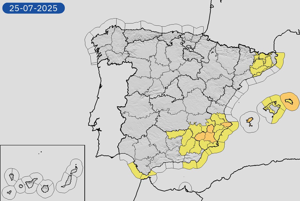 AEMET_Esp's tweet image. 24/07 23:18 Avisos activos hoy y mañana en España por tormentas, lluvias, costeros y rissagas. Nivel máximo de aviso: naranja.
Actualizaciones en aemet.es/es/eltiempo/pr…