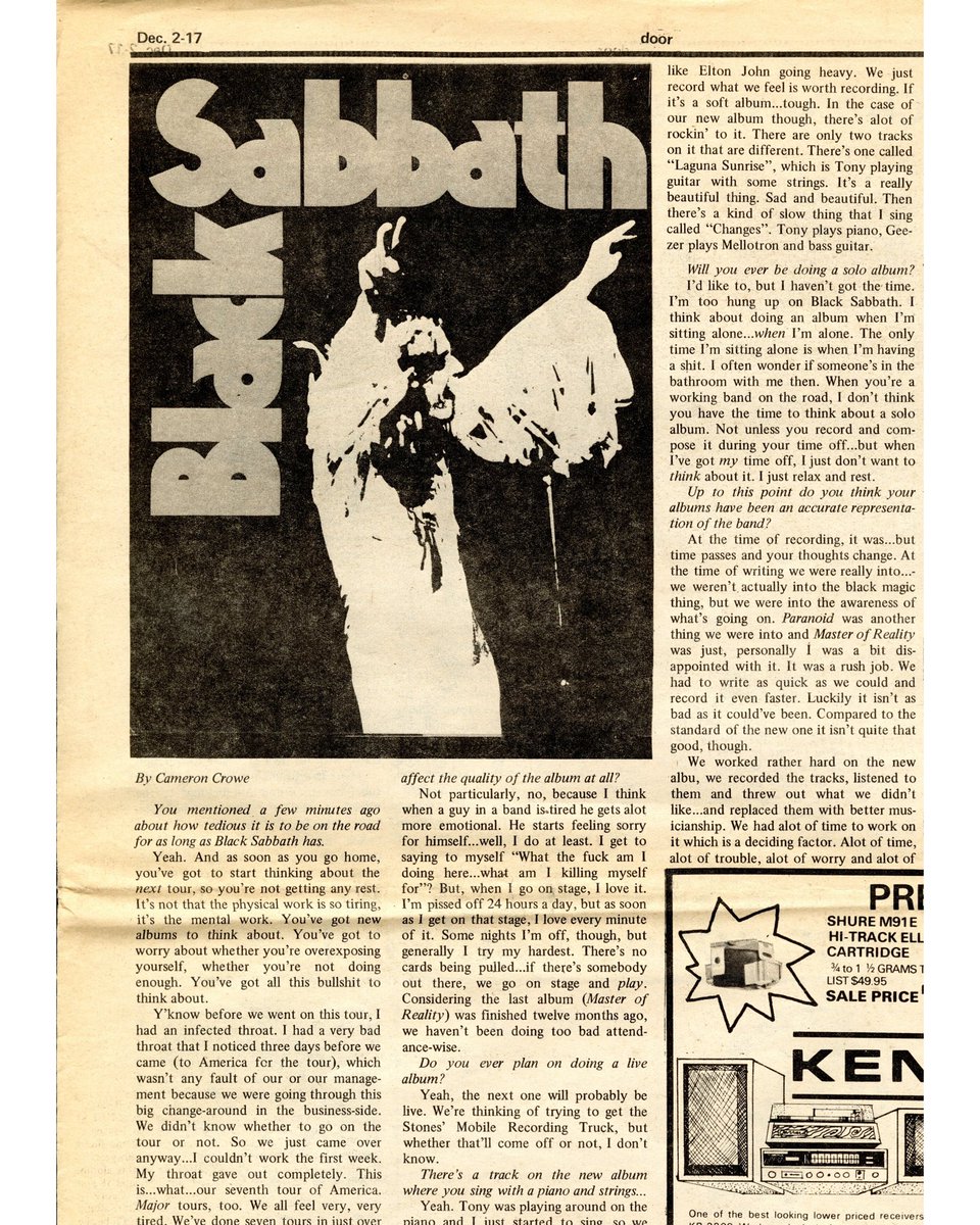 It was one of the first times I ever scored a backstage pass.  I wandered into Black Sabbath’s dressing room with my tape recorder and a copy of our local underground paper, the San Diego Door, and asked Ozzy Osbourne for this interview.  

1/2