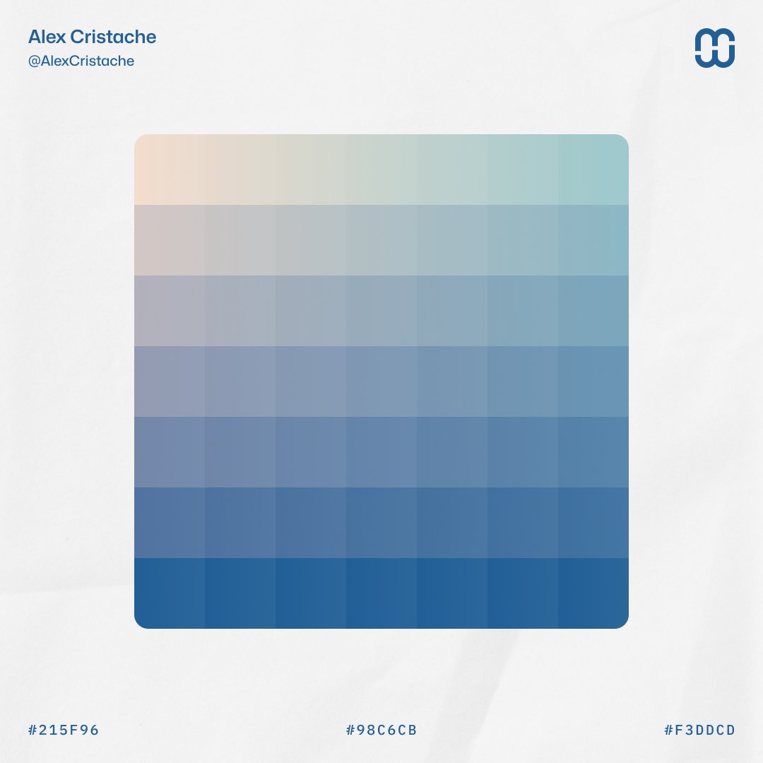 AlexCristache's tweet image. Color Interpolation Grid from a 3-color palette:
⬩ Peachtree – F3DDCD
⬩ Continental Waters – 98C6CB
⬩ Lapis Lazuli Blue – 215F96
