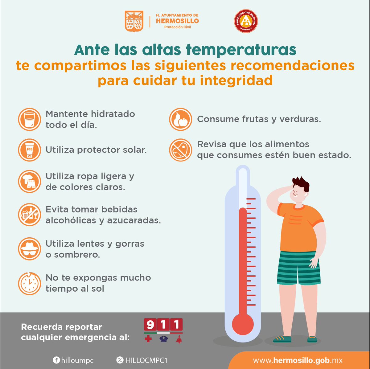 🚨 ¡ATENCIÓN HERMOSILLO! 🚨 Temperaturas suben del 24 al 27 de julio: ¡40-45°C con cielos despejados!
💧 Hidrátate y extrema precauciones. Sigue indicaciones oficiales.
Buenas noticias: ¡Monzón y lluvias regresan la próxima semana! 
Emergencias: Llama al 9-1-1.
#TrabajoQueSeNota