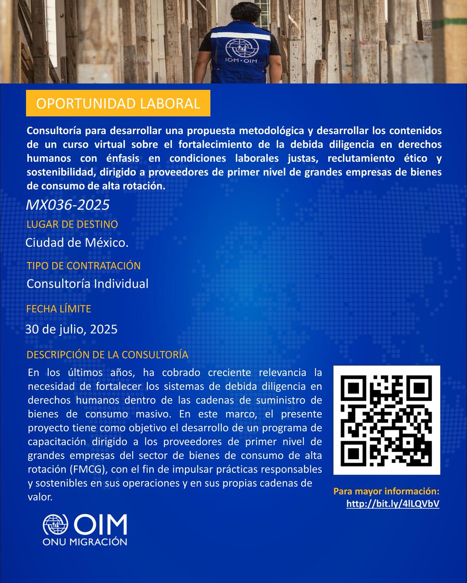 OIM_Mexico's tweet image. 💼💻 ¿Tienes experiencia en el diseño y facilitación de procesos formativos presenciales y virtuales?

Estamos buscando una persona consultora para desarrollar un curso virtual dirigido a proveedores de primer nivel de grandes empresas de bienes de consumo de alta rotación en…