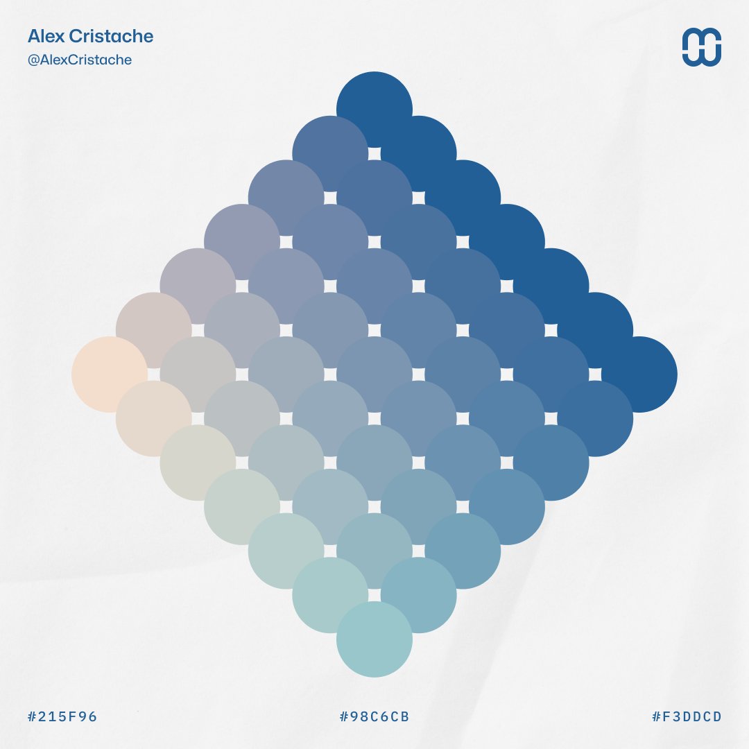 AlexCristache's tweet image. Color transitions based on a minimalist 3-color palett
⬩ Peachtree – F3DDCD
⬩ Continental Waters – 98C6CB
⬩ Lapis Lazuli Blue – 215F96