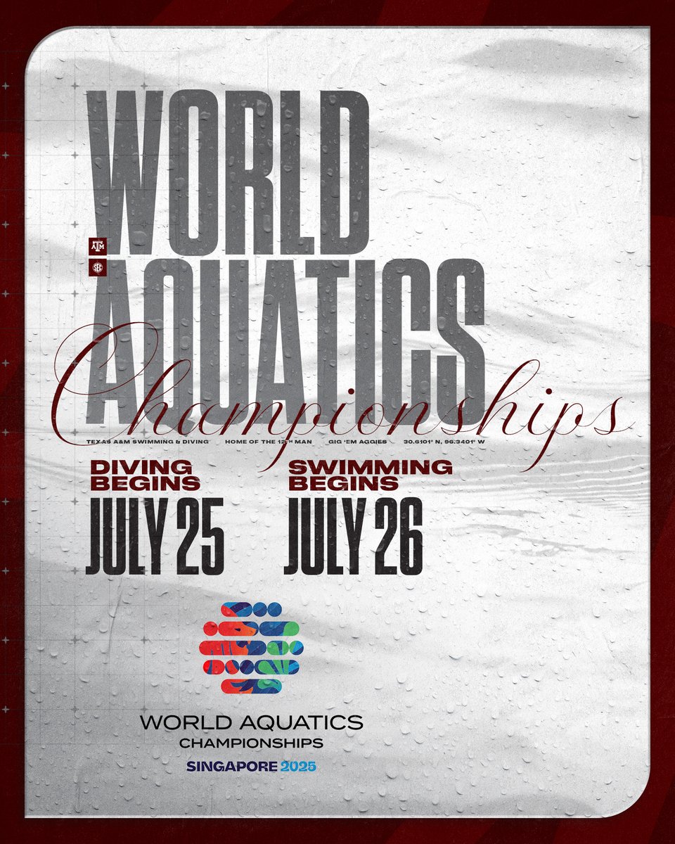 Good luck to the Aggies competing at the 2025 World Aquatics Championships! 👍

🔗aggi.es/4f5ZMCF

📍Singapore
📈aggi.es/419CA0o

#GigEm #WorldAquatics25