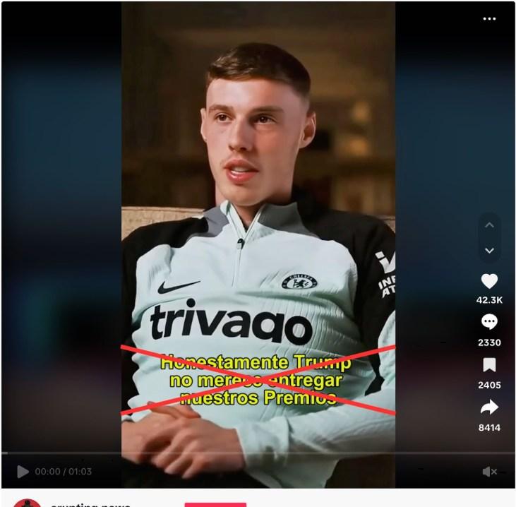 AfpFactual's tweet image. 🇺🇸 ¿Cole Palmer criticó en un video a Donald Trump por estar en la celebración del Chelsea en el Mundial de Clubes?
❌ Falso. El audio del metraje está creado digitalmente. No hay registro de estos dichos.
➡️ u.afp.com/PalmerTrump