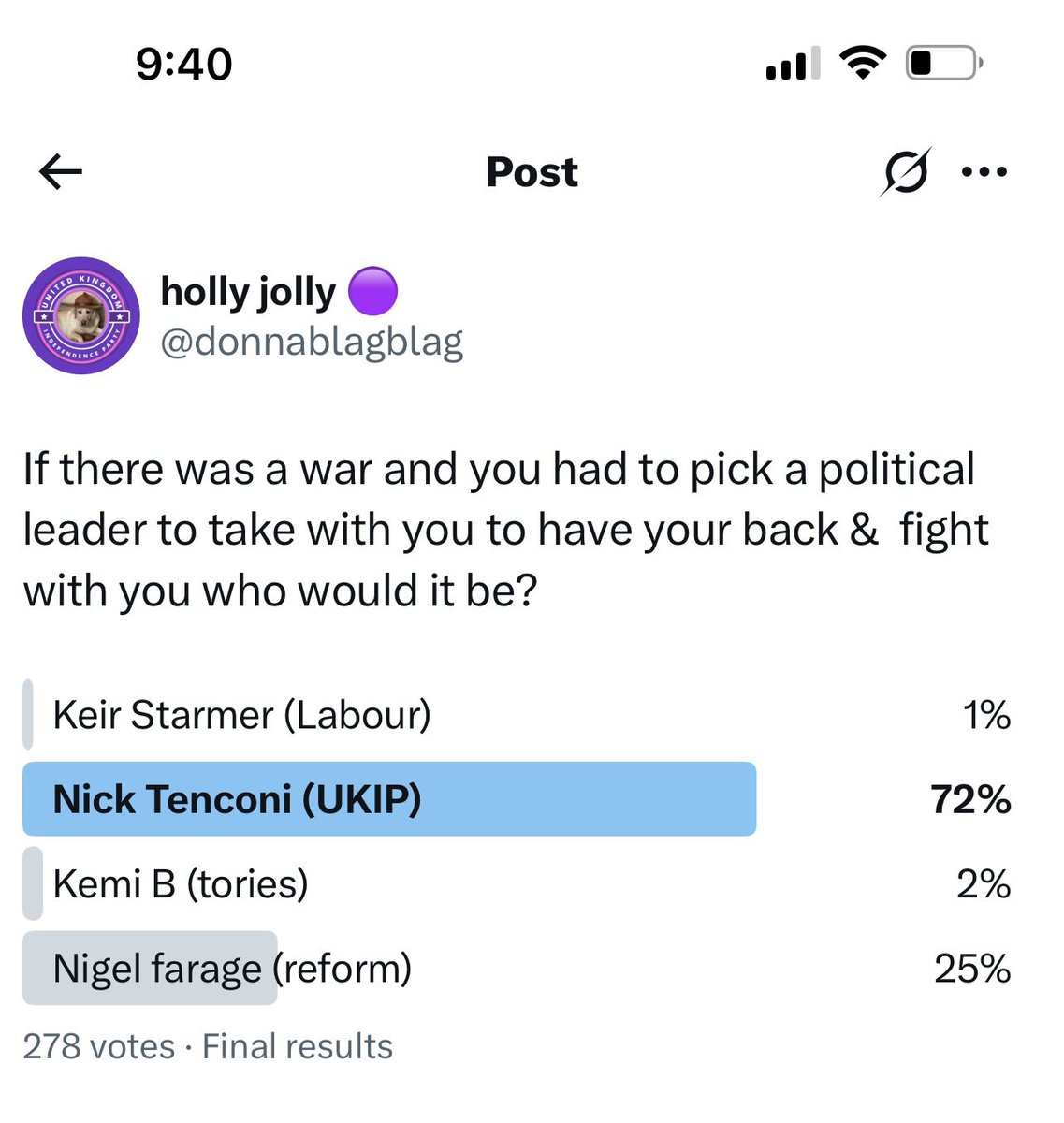 donnablagblag's tweet photo. Results of my poll. 72% of ppl who voted chose #NickTenconi to take to war with them. This is the leader our country needs.
Join #UKIP
https://t.co/3X4v6XSz58
and stand beside Nick in the battle of #TOCB #Thepurplewave https://t.co/0AQMevnGX6
