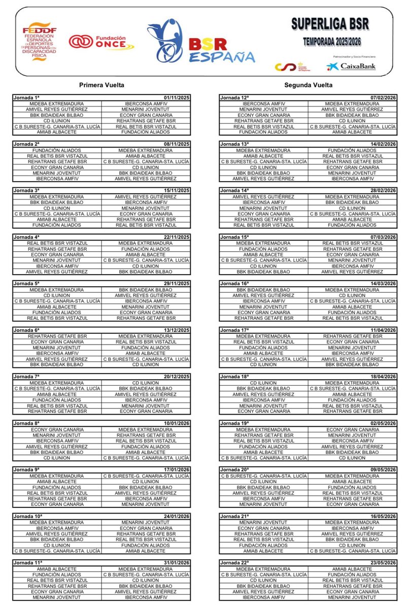 🥁 𝑶𝑭𝑰𝑪𝑰𝑨𝑳 🗓️ 

La Superliga <a href="/Fundacion_ONCE/">Fundación ONCE</a> 25-26 comenzará el sábado 1 de noviembre debido al Europeo de Sarajevo 🇧🇦 

🔒Compartimos el calendario COMPLETO, aquí 👇🏻

#BSREspaña 🇪🇸 <a href="/FEDEDDF/">FEDDF</a> | <a href="/deportegob/">CSD</a> | <a href="/Paralimpicos/">Comité Paralímpico Español</a> | <a href="/Fundacion_ONCE/">Fundación ONCE</a> | <a href="/caixabank/">CaixaBank</a> |