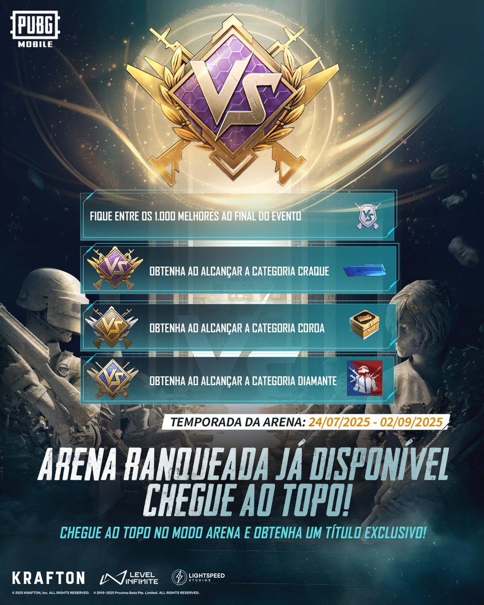 O modo Arena Ranqueada está disponível!🔥☠️
Domine a Arena e mostre o seu alto nível! Suba ao topo na Arena Ranqueada hoje mesmo!

Baixe agora:
pubgmobile.live/390Arena

#PUBGMOBILE #PUBGM390 #RANKEDARENA