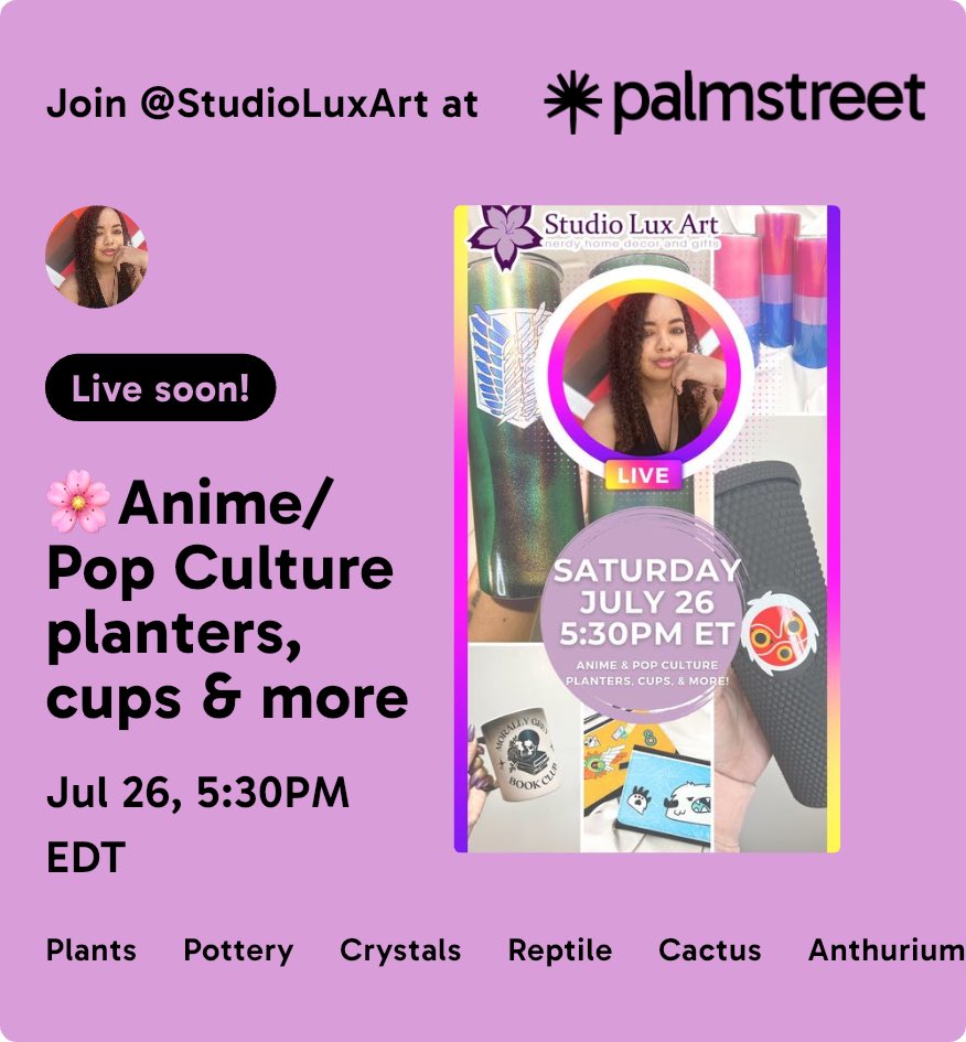studiolux_art's tweet photo. We’re going LIVE on Palmstreet on Jul 26, 5:30PM EDT ✨ Don’t miss out!

Going to be LIVE sharing my inventory of planters, cups, wallets, keychains and more. All items are handmade/hand painted/hand designed by me!

https://t.co/kEVc1D6DGd https://t.co/kECU33eQpU
