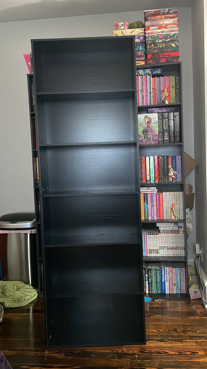 sydneyreadss's tweet photo. I’ve been super inactive bc I’ve been struggling a bit with reading but on the bright side I got another bookcase finally! I’ve literally been stacking books on top of my other two bc I ran out of space. Now I just gotta rearrange some stuff so this will fit 🥲 https://t.co/cWr2SAXxSO