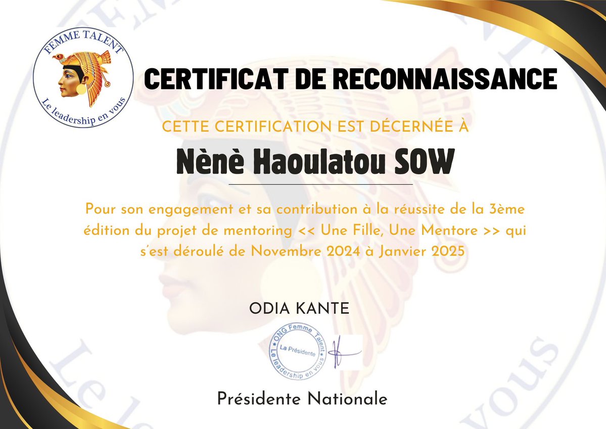 HaoulatouS's tweet image. Fière d’avoir reçu un certificat de reconnaissance de FEMME TALENT pour mon rôle de mentore dans le programme « Une Fille, Une Mentore » 🌟
Mentore de Mariam Sylla (1ère éd.) & Raby Sylla (3ème éd.) 💛
Merci à Odia Kante & Fatoumata I. Camara pour leur confiance 🙏🏾
#Mentorat