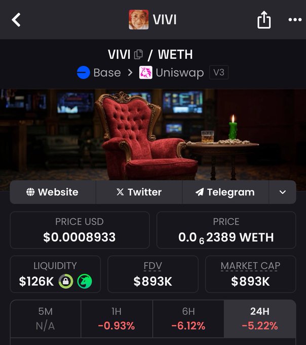 Base의 Uniswap V3를 통한 VIVI 코인 대시보드: 가격, 유동성, 시가총액 표시