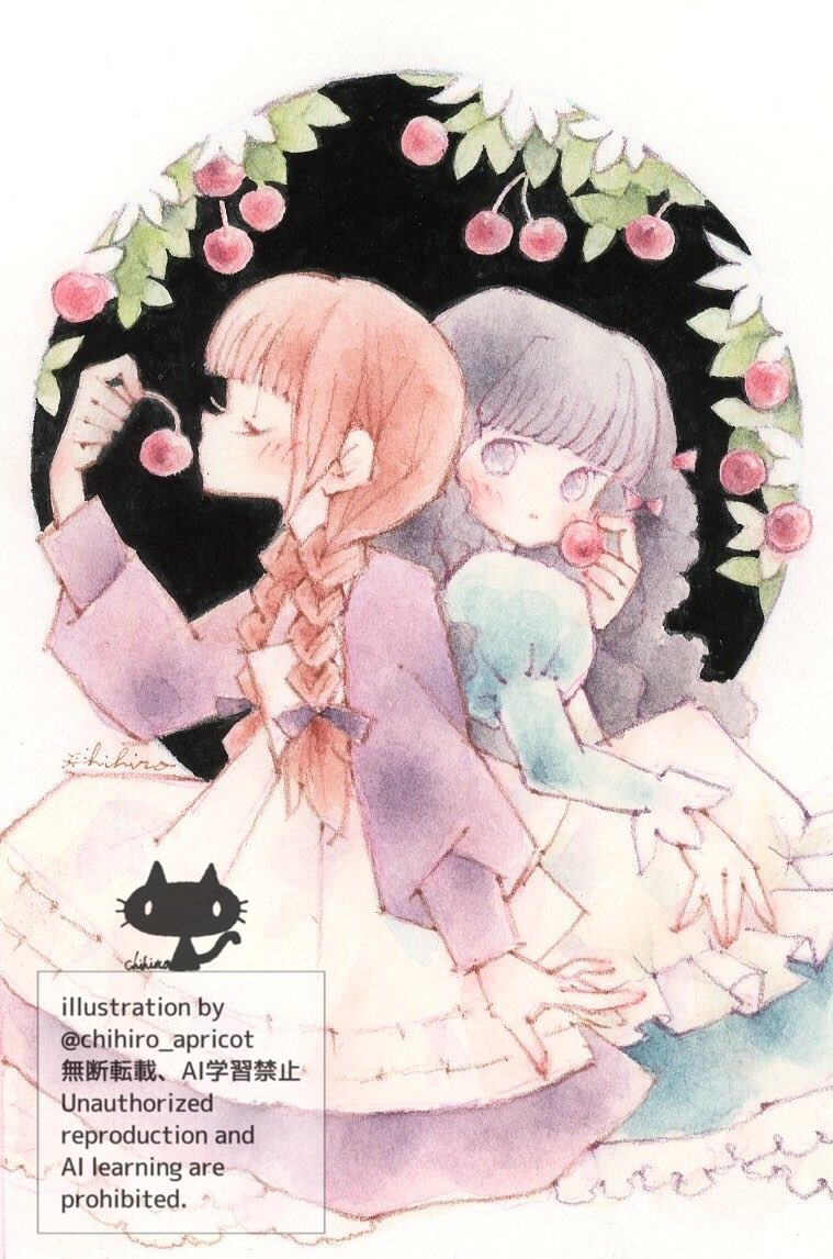 chihiro_apricot's tweet image. サクランボの季節~アンとダイアナ
水彩紙ラングドンプレステージ
は色鉛筆の線がふんわりとして
塗りも優しい感じに仕上がります✩.*˚
最近ハマってる黒ベタバックは
アクリル絵具なので作業はなかなかスリリングです。実はめっちゃ時間かかってます😅
