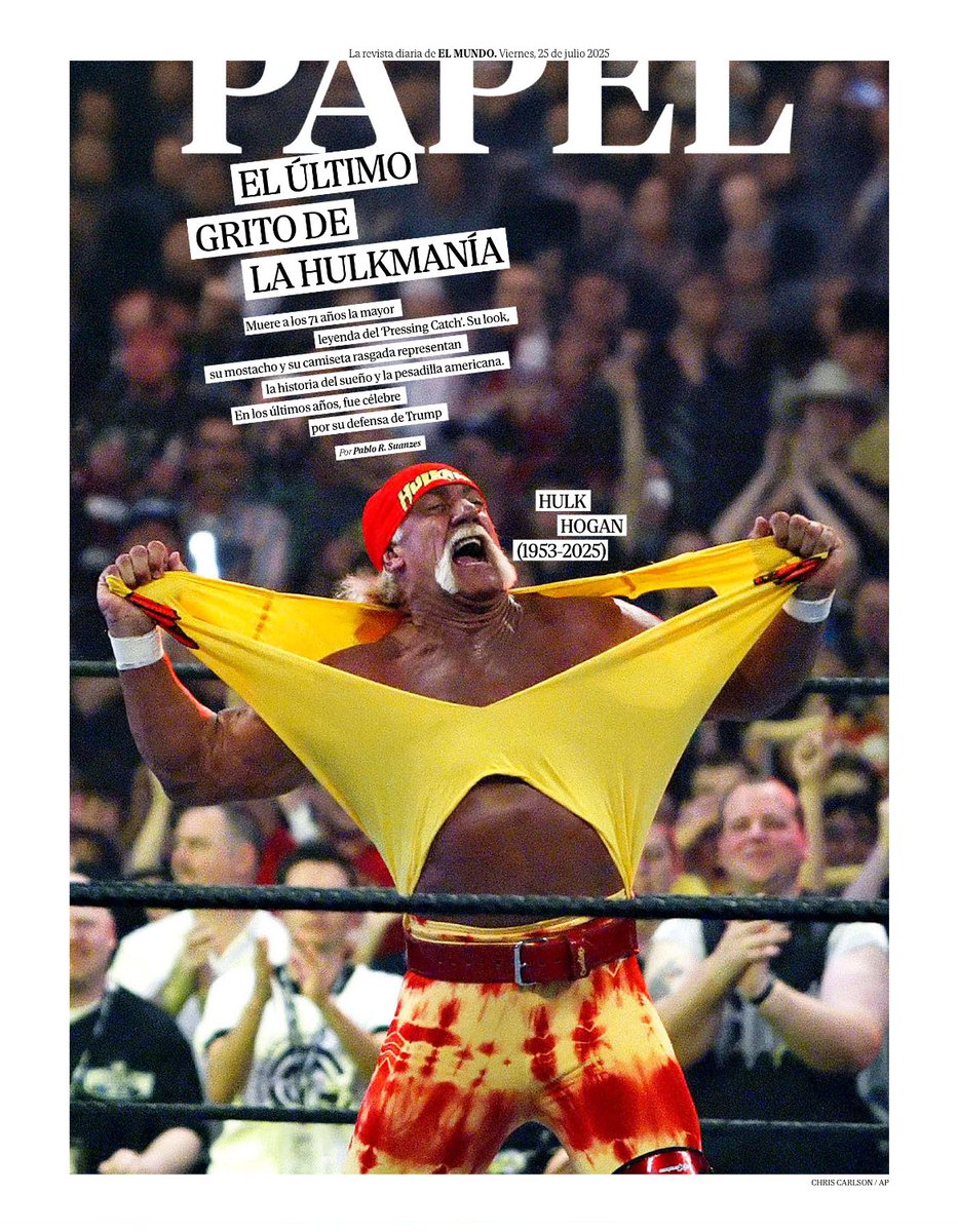 Papel_EM's tweet image. Muere a los 71 años Hulk Hogan, leyenda del 'Pressing Catch' e icono cultural
Por @Suanzes
elmundo.es/papel/2025/07/…