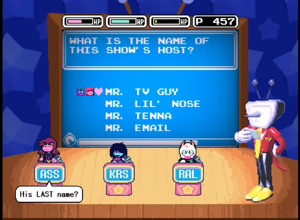 LephalaCat's tweet image. #deltarune #tenna
Might be reading too deep into this but I feel this detail (one of the quiz answer options) adds fuel to the headcanon of Tenna being Kris' awkward dad figure