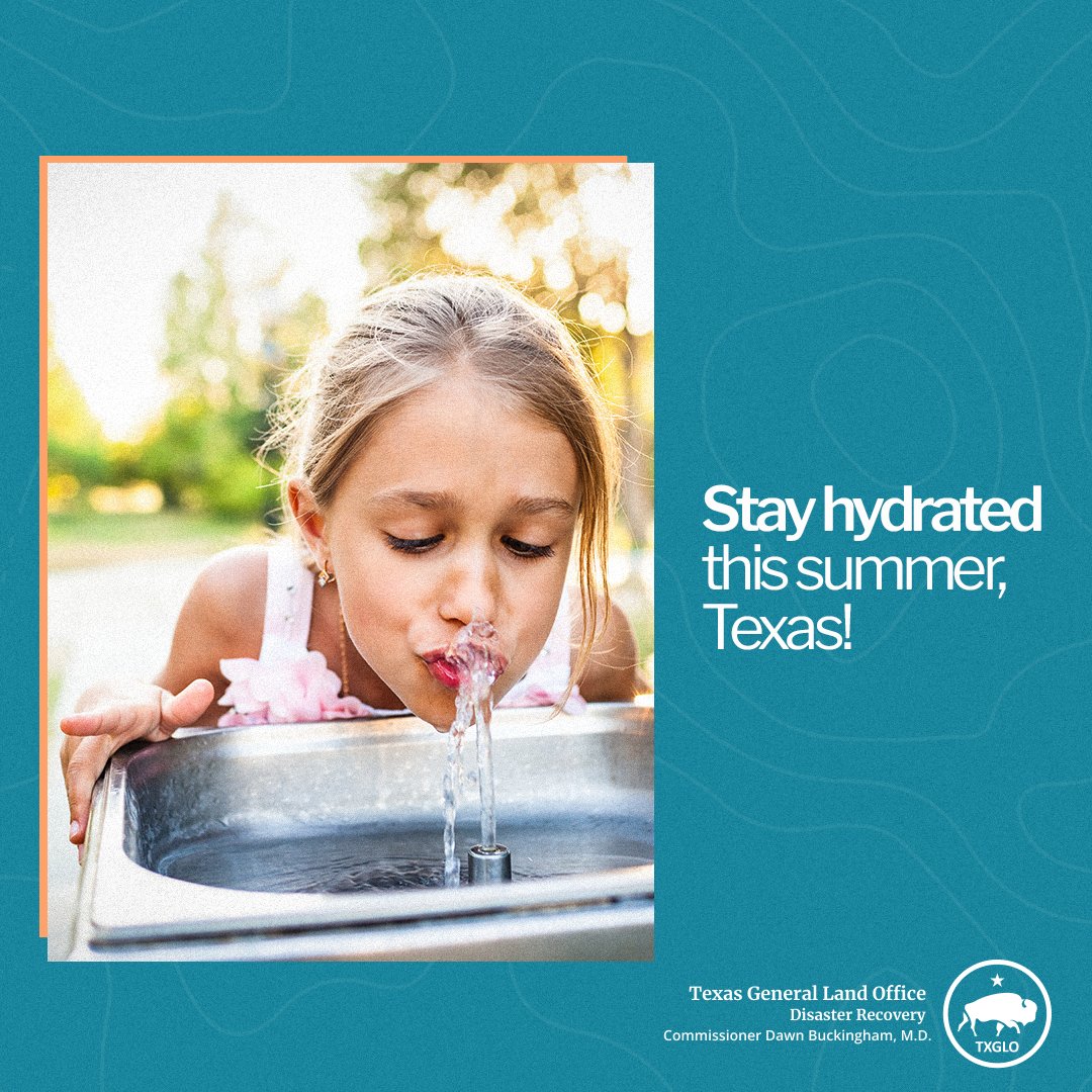 TXGLO's tweet image. Stay cool this summer, Texas! ☀️
Remember:
💧 Drink plenty of water
🥵 Know the signs of dehydration
To learn more, visit: recovery.texas.gov/preparedness. ✅
#ExtremeHeatSafety