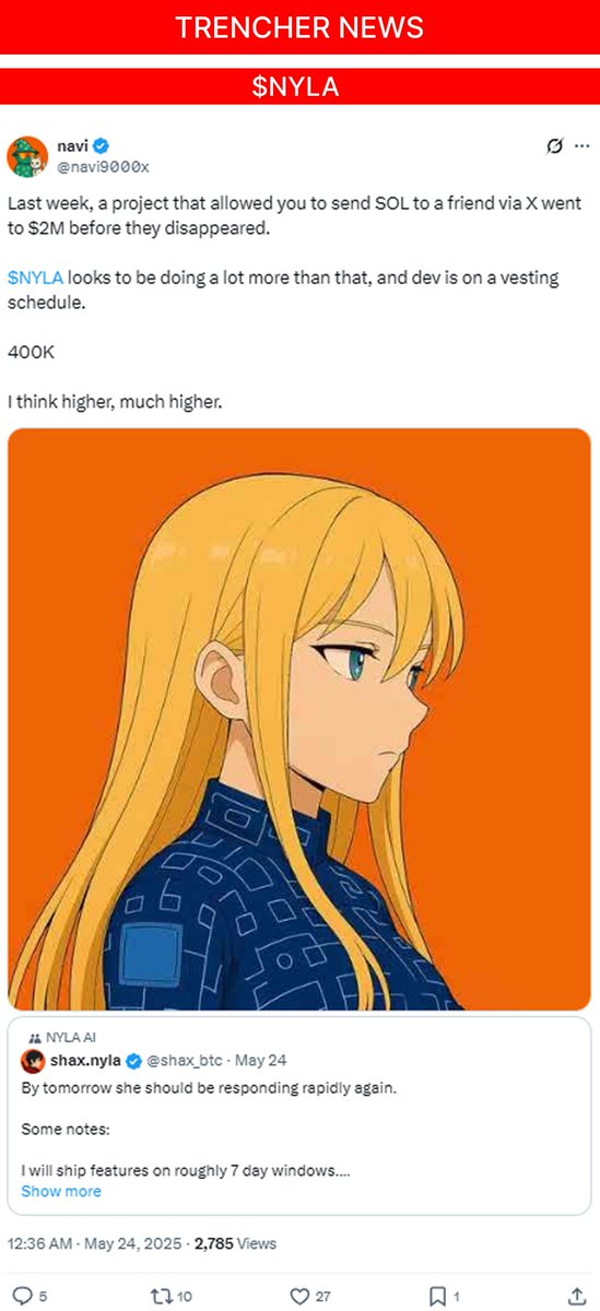 Trencher_News's tweet image. The AI waifu that doesn’t just talk
When @shax_btc ships, $NYLA breathes
She learns she grows she ships.
@navi9000x spotted the tempo shift early.
This isn’t the top, this is the tutorial.