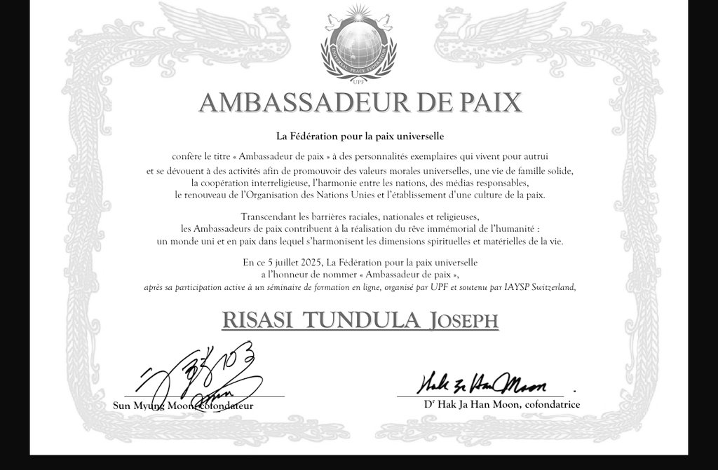 R's Mikombe 𝕏 (@rs_________45) on Twitter photo Dans le cadre du programme des 1000 Ambassadeurs de Paix organisée par <a href="/synergie243/">Synergie243</a> et UPF Suisse.
je suis nommé Ambassadeur de Paix,une autre connaissance qui s'ajoutent à mes compétences🎯
<a href="/seigneurCHRIS01/">Ilunga Mutombo Christian</a> <a href="/TinaSalama2/">Tina Salama</a> <a href="/leParrainRDC/">𝐥𝐞 𝐏𝐚𝐫𝐫𝐚𝐢𝐧</a> <a href="/mbuyi_don/">Don Israël H.M/ Le Coach</a> <a href="/l_jimanel/">Coach Jimanel LWIGULIRA</a> <a href="/RDCongoMAE/">Thérèse Kayikwamba Wagner</a> <a href="/AmbCNB/">Amb. Christ Nyembo Barwani</a> Dans le cadre du programme des 1000 Ambassadeurs de Paix organisée par <a href="/synergie243/">Synergie243</a> et UPF Suisse.
je suis nommé Ambassadeur de Paix,une autre connaissance qui s'ajoutent à mes compétences🎯
<a href="/seigneurCHRIS01/">Ilunga Mutombo Christian</a> <a href="/TinaSalama2/">Tina Salama</a> <a href="/leParrainRDC/">𝐥𝐞 𝐏𝐚𝐫𝐫𝐚𝐢𝐧</a> <a href="/mbuyi_don/">Don Israël H.M/ Le Coach</a> <a href="/l_jimanel/">Coach Jimanel LWIGULIRA</a> <a href="/RDCongoMAE/">Thérèse Kayikwamba Wagner</a> <a href="/AmbCNB/">Amb. Christ Nyembo Barwani</a>