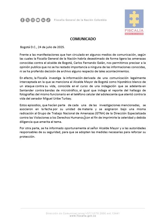 FiscaliaCol's tweet image. Comunicado Fiscalía General de la Nación