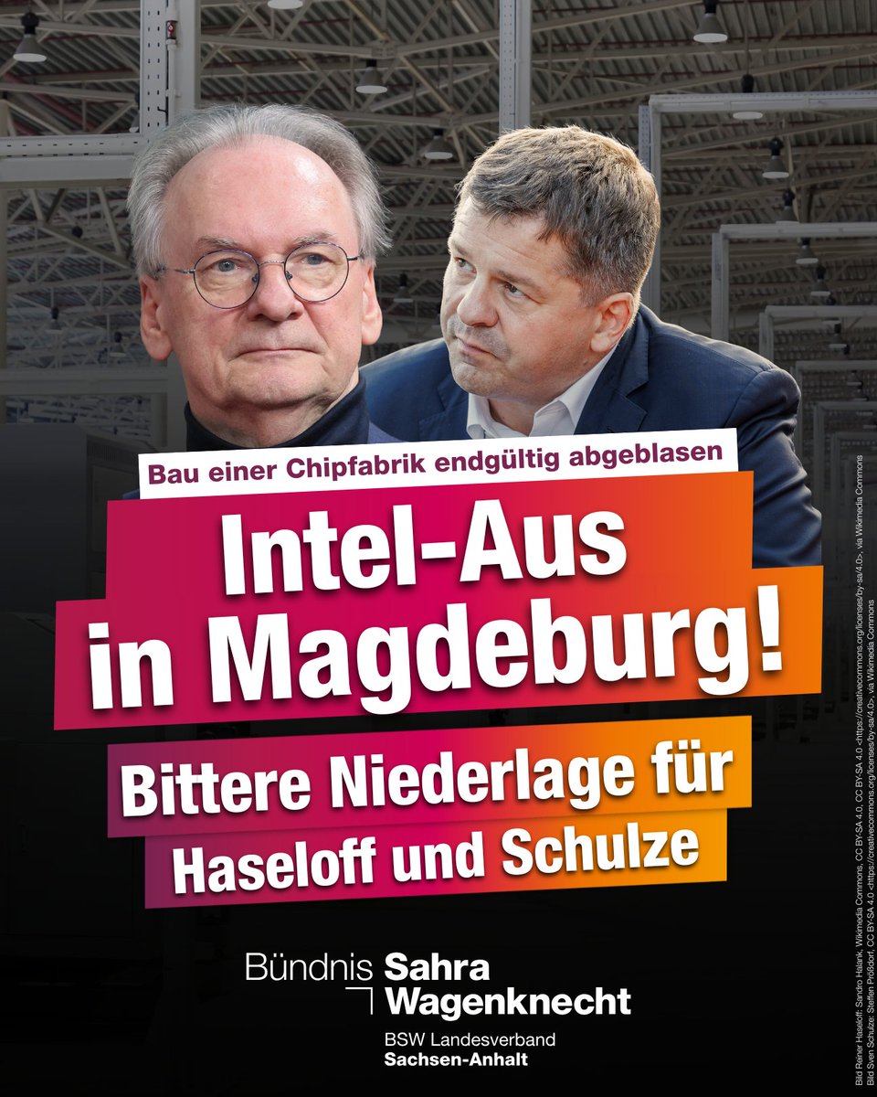 bsw_vg_lsa's tweet image. 📝 Intel-Aus in Magdeburg: Bittere Niederlage für Haseloff und Schulze
Der US-Chipkonzern Intel hat seine Pläne für die milliardenschwere Chipfabrik in Magdeburg endgültig aufgegeben – ein Paukenschlag für Sachsen-Anhalt. Noch vor wenigen Monaten galt das Projekt lediglich als…
