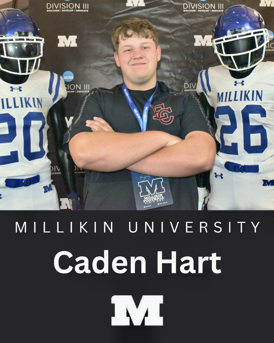 CadenHart77's tweet photo. I am grateful to receive an official offer from @MU_BigBlueFB! Thank you to @CoachAllgeier and the rest of the Millikin coaching staff for this incredible opportunity! 🔵🏈⚪️ https://t.co/t4Fajl1Aeu