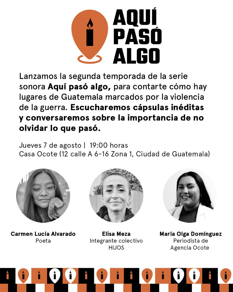 🔥 Este 7 de agosto, te invitamos al lanzamiento de la 2da temporada de #AquíPasóAlgo», una serie sonora sobre los lugares marcados por la violencia de la guerra.

Nos reunimos para escuchar cápsulas inéditas y conversar con mujeres que han trabajado por el resguardo de la