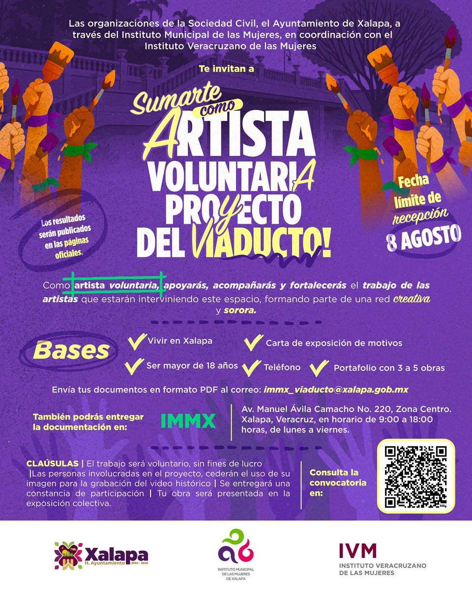 ✨¡Únete como artista voluntaria al proyecto del Viaducto!🎨
Sé parte de una red creativa y solidaria que visibiliza el talento y la voz de las mujeres a través del arte.
Fecha límite de recepción: 
📆Viernes 8 de agosto.
#TrabajoYTransparencia
#IMMXalapa
#ArtistaVoluntaria