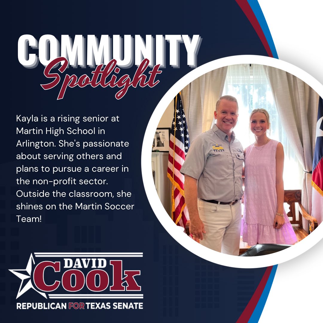 DavidCookTexas's tweet image. 🌟 Community Spotlight 🌟
Kim Ware and her granddaughter Kayla came by the district office. Kayla is a senior at Martin High School in Arlington with a heart for service. She plans to pursue a career in non-profit work and plays on the Martin Soccer Team. We’re proud to…