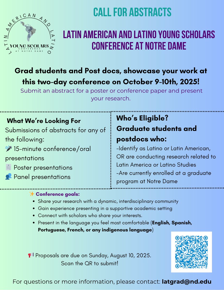 NDGradLife's tweet image. CALL FOR ABSTRACTS - LATIN AMERICAN AND LATINO YOUNG SCHOLARS CONFERENCE.

Apply here - docs.google.com/forms/d/e/1FAI…