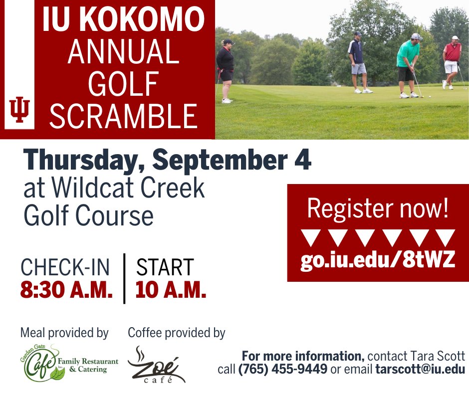 IU Kokomo (@iukokomo) on Twitter photo IU Kokomo’s annual golf outing is back! Register your team of four now to play at Wildcat Creek Golf Course and show your support for the IU Kokomo fund and <a href="/IUKAthletics/">IU Kokomo Athletics</a> programs.
Register online at: go.iu.edu/8tWZ IU Kokomo’s annual golf outing is back! Register your team of four now to play at Wildcat Creek Golf Course and show your support for the IU Kokomo fund and <a href="/IUKAthletics/">IU Kokomo Athletics</a> programs.
Register online at: go.iu.edu/8tWZ