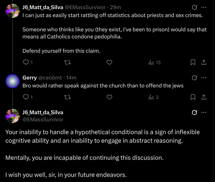 EMassSurvivor's tweet image. That an antisemite is incapable of higher level problem solving mental skills should not have surprised me.
I think I'm too kind in my assumptions.