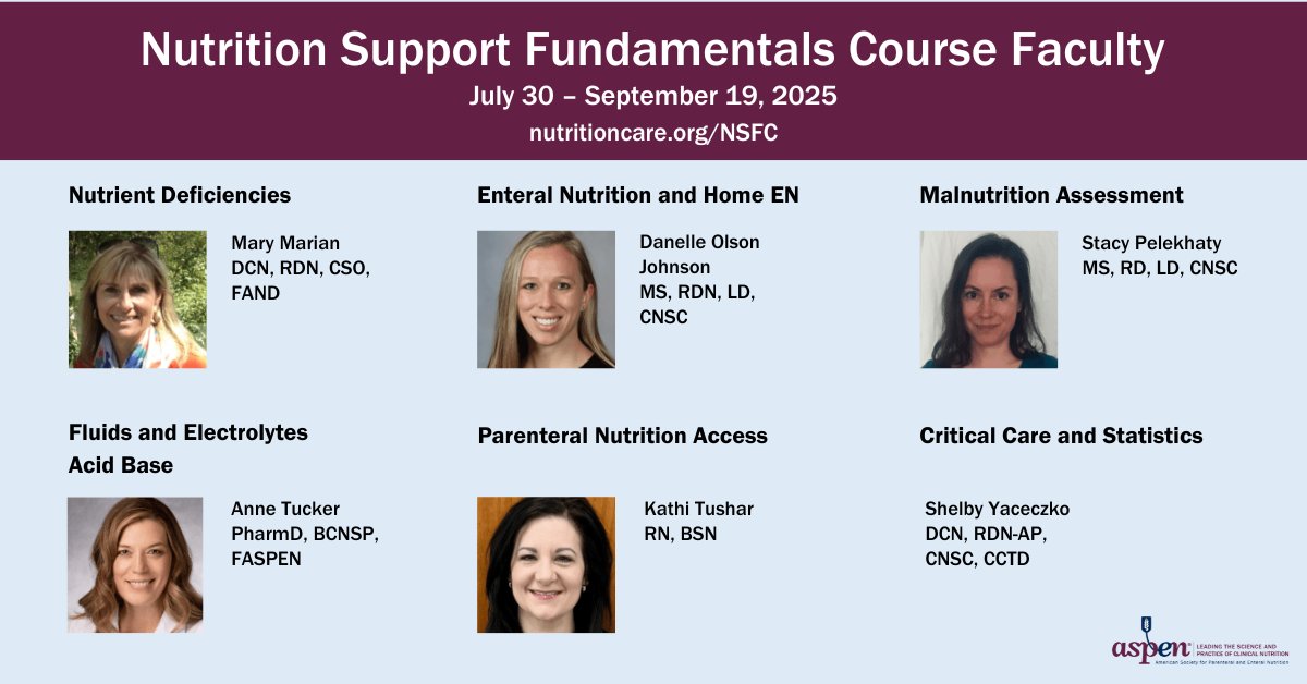 ASPEN_nutrition's tweet image. Meet the expert faculty leading the Nutrition Support Fundamentals Course! Covering malnutrition, pediatric & neonatal nutrition, PN/EN, acid-base, and more—this course equips the whole healthcare team. 📅 July 30–Sept 19. Learn more & register today: ow.ly/OUBu50WuRwY