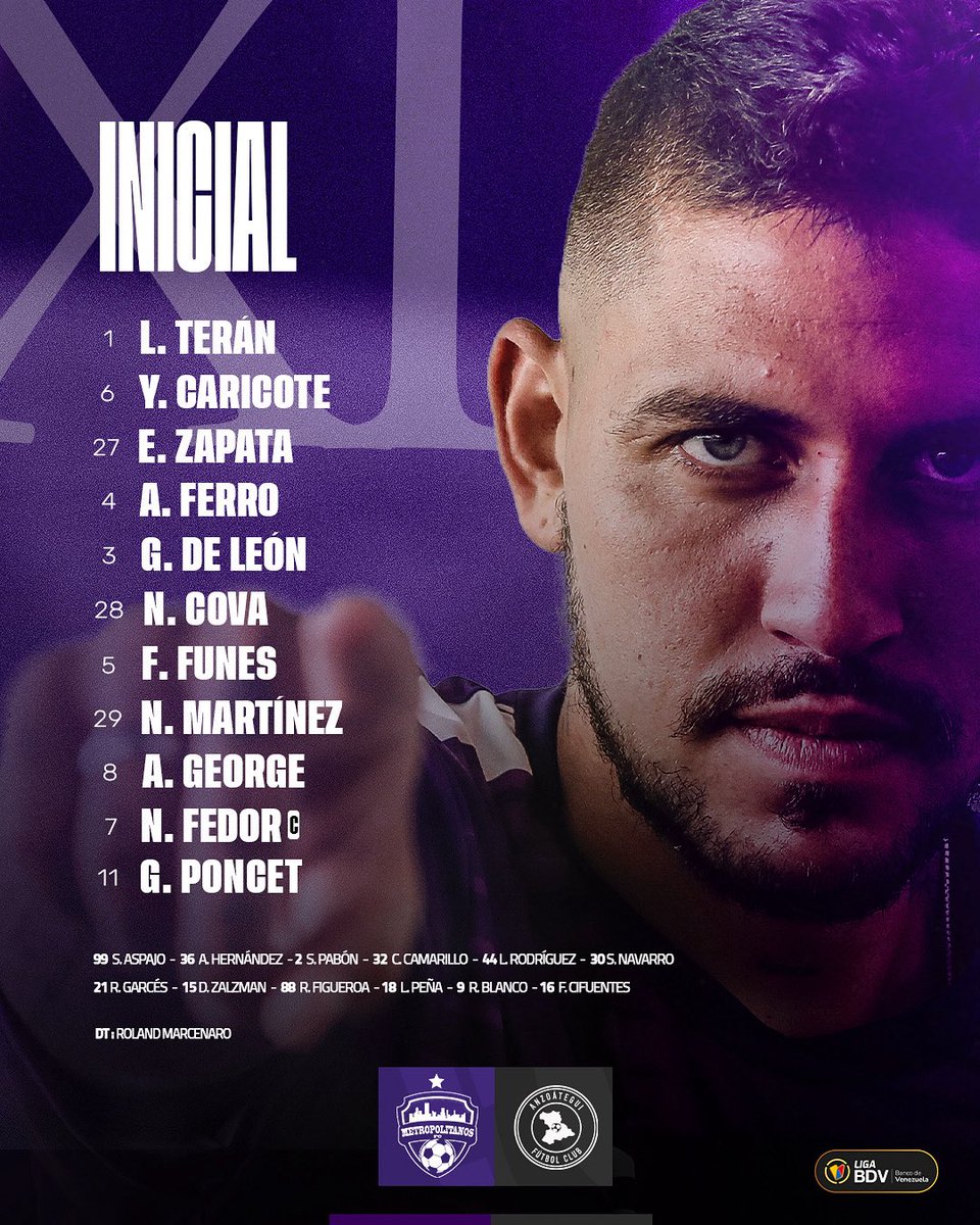 Metropolitanos_'s tweet image. 𝐋𝐨𝐬 𝐗𝐈 𝐪𝐮𝐞 𝐢𝐫𝐚́𝐧 𝐩𝐨𝐫 𝐥𝐚 𝐯𝐢𝐜𝐭𝐨𝐫𝐢𝐚 ⚔️🫡
Este es el once inicial del Violeta para enfrentar a Anzoátegui FC por la J4 del Torneo Clausura de la @ligafutve
#SiempreVioleta 🟣