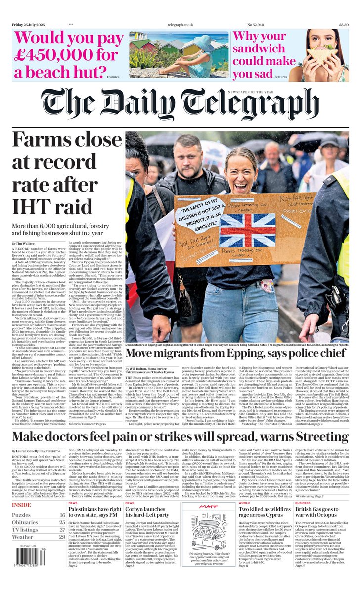 WithyGrove's tweet image. The Daily Telegraph ๐ฌ๐ง: Move migrants from Epping, says Essex police commissioner. #CanaryWharf #TheBellHotel #Diss #TheParkHotel #YvetteCooper #Starmer #MigrantCrisis #TomorrowsPapersToday #Epping