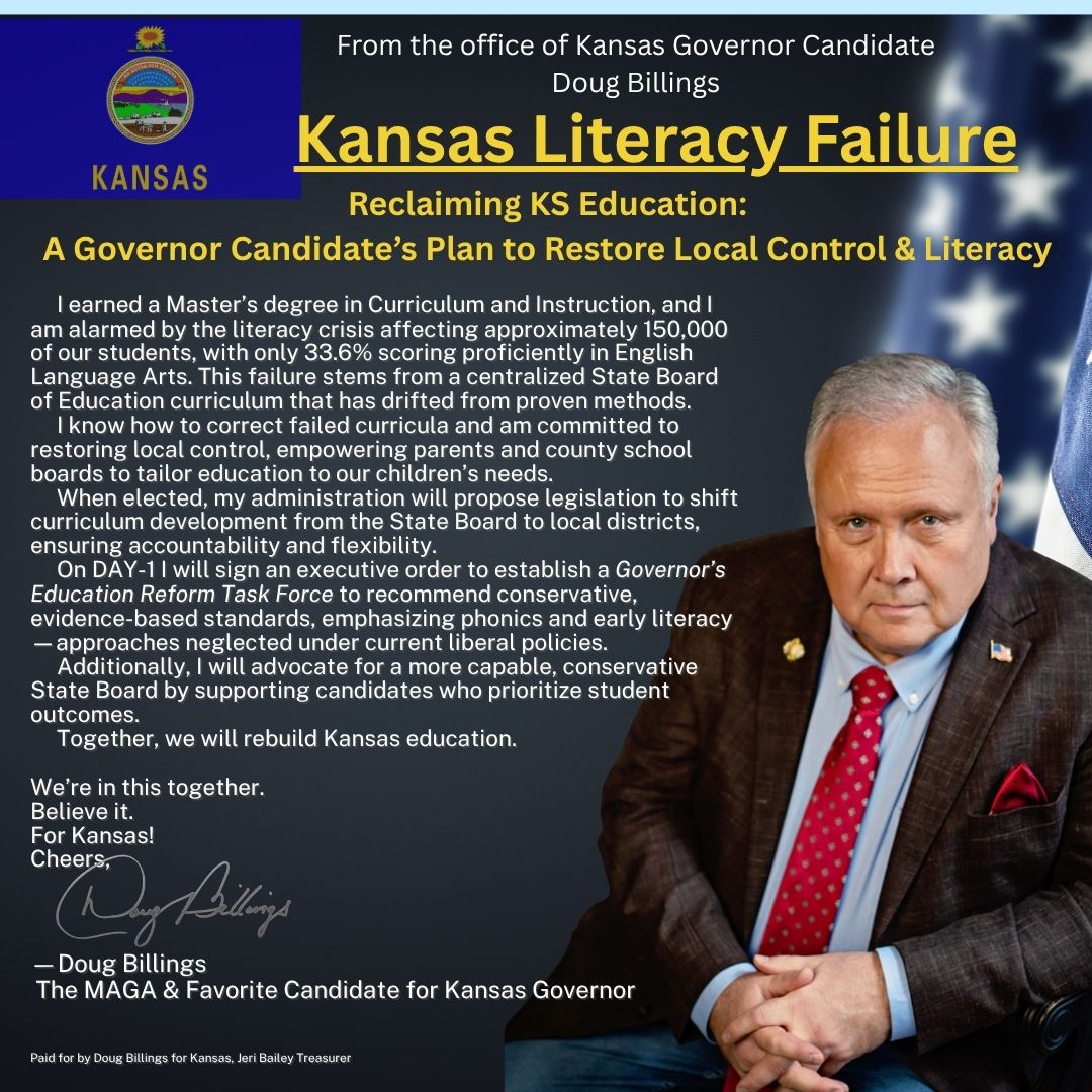 The failures of Kansas Education - and education where YOU live is a result of liberal policies.
This ends - in Kansas - when I'm elected governor.
Believe it.
For Kansas.
For the kids!
Cheers.