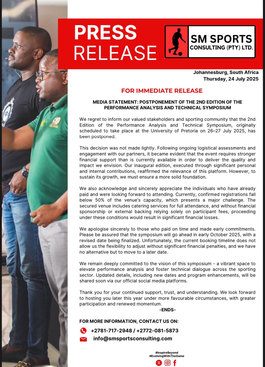 SMSportsCons's tweet image. 🚨 POSTPONEMENT OF THE 2nd EDITION - TSHWANE 2025 🚨
We regret to announce the postponement of the 2nd Edition of the Football Analysis & Scouting Symposium scheduled for 26-27 July 2025 at Tuks, Tshwane. More info below, 👇🏾
#InspireBeyond #EvolvingWithTheGame