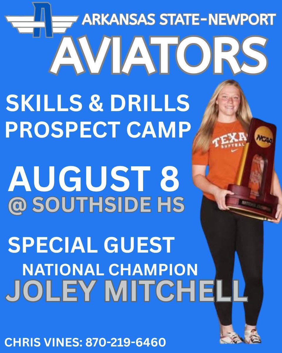 🔥 Two Camps. One Big Day. AUG 8 at Southside HS!

🥎Skills &amp; Drills (8U–12U) | 2–3:30PM | $75

🥎Prospect Camp (14U–18U) | 4–8PM | $100

🏆Special Guest: Nat’l Champ JOLEY MITCHELL (Texas Longhorns)

📍Southside HS Softball Indoor &amp; Field