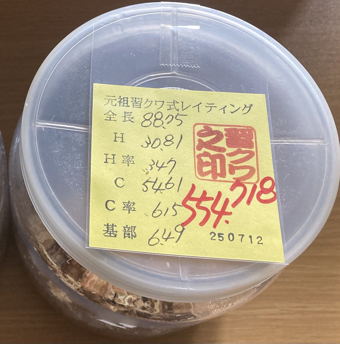 dorcuschone1067's tweet image. 先日紹介済みですがノギス画像を追記。習クワ計測サイズは少し小さめになると伺っていましたが、誤差の範疇だと思います。
こちらはマツノ♂22-12を種親にした2番で♀は自ブリ22-4番(主水氏×かっちゃん氏)の掛け合わせ。癖も無駄もなく幼虫推移どおりに完品で羽化する、ウチでは優秀なラインでした。